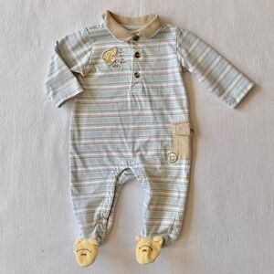 Disney Classic Pooh Embroidered Sailboat Blue & Tan One Piece Sleeper Romper 6M